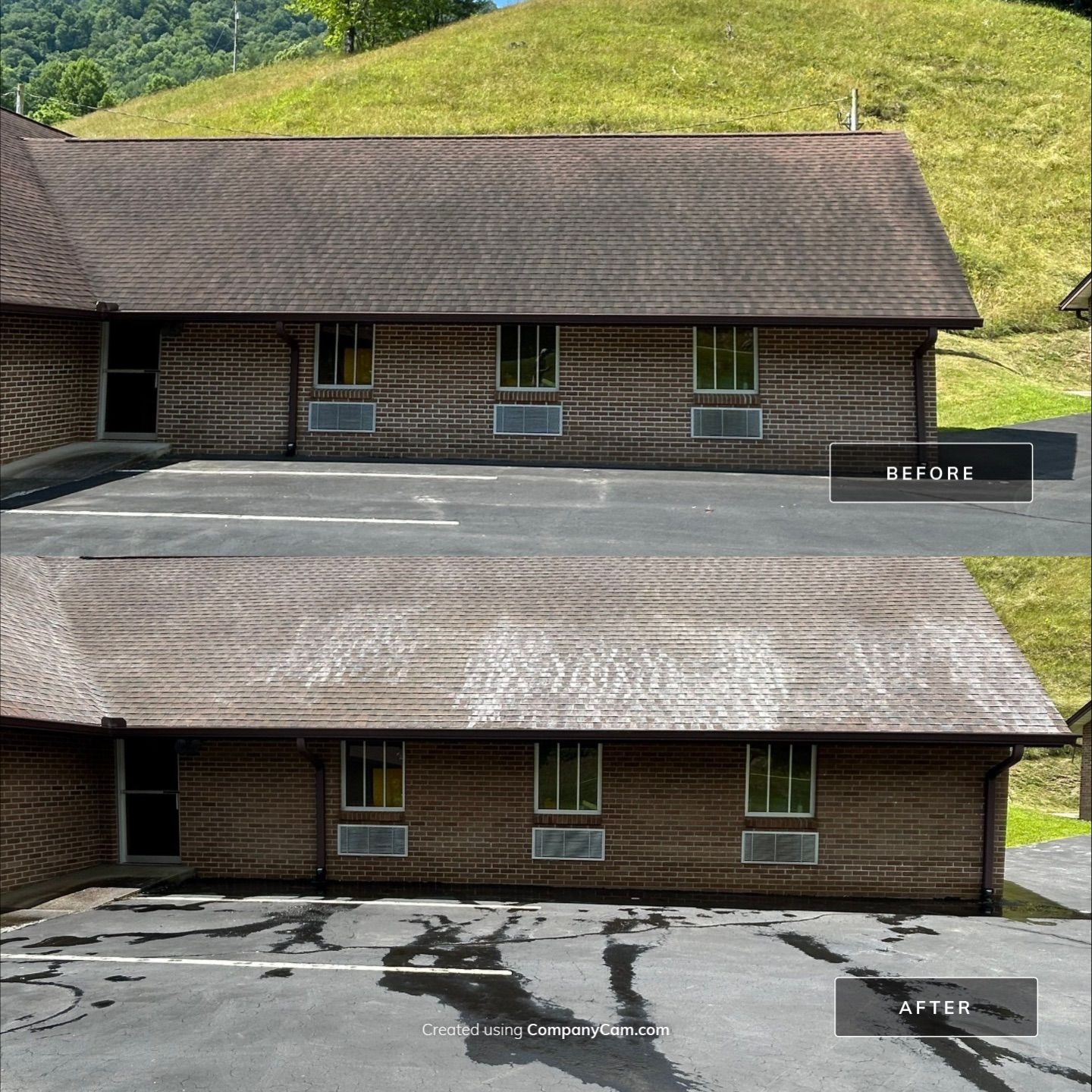 roof pressure washing service removing algae and grime from shingles with notable before and after results in asheville nc