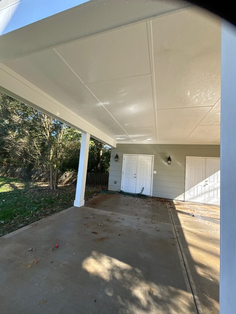 cleaning the concrete surface and the ceiling area under the porch for dirt and mildew removal